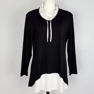 Papa Cowl Neck  Black White Layered Long Sleeves Tunic Top Bamboo Drapy Size L